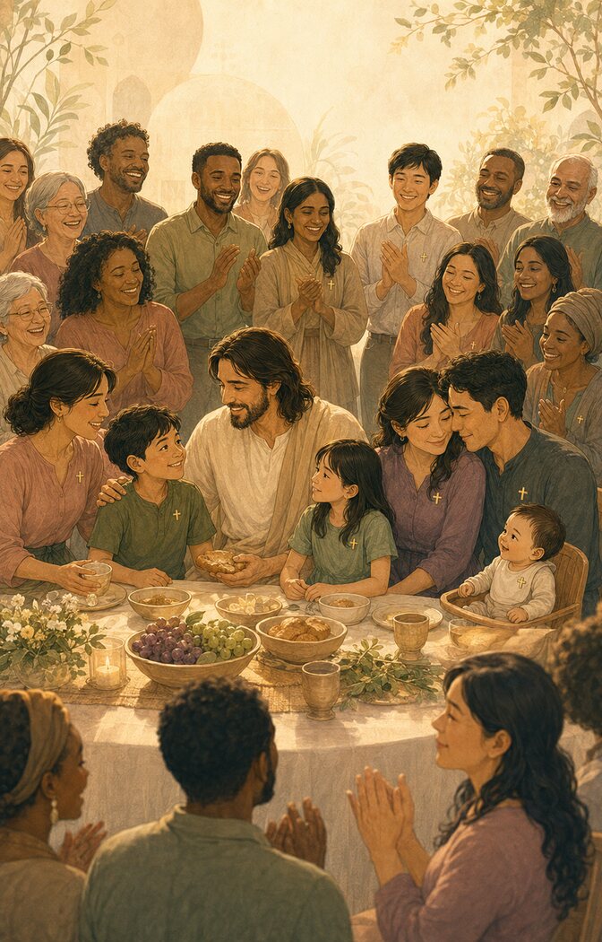 Jesus sharing a healing banquet with the restored family and a joyful diverse community